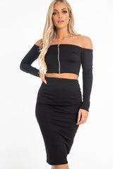 Black Rib Bardot Zip Crop Top Midi Skirt Co-Ord - Miley-Co-ords