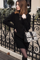 Black Rib Bodycon Turtle Neck Mini Dress - Tesia-Dresses