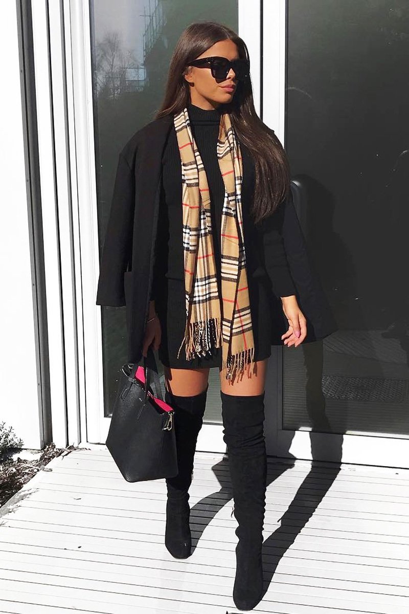 Black Rib Bodycon Turtle Neck Mini Dress - Tesia-Dresses