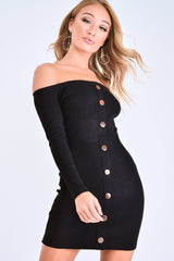 Black Rib Button Down Mini Dress - Lorenna-Dresses