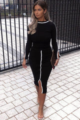 Black Rib Contrast Piping Top Midi Skirt Co-Ord - Ibbie-Co-ords