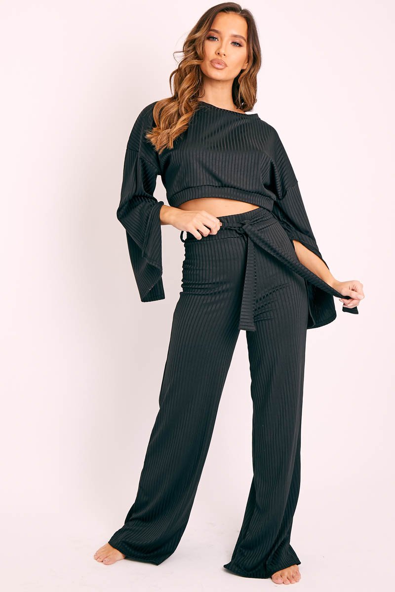 Black Rib Crop Jumper Tie Wide Leg Trousers Loungewear Co-Ord - Mirabel-Loungewear