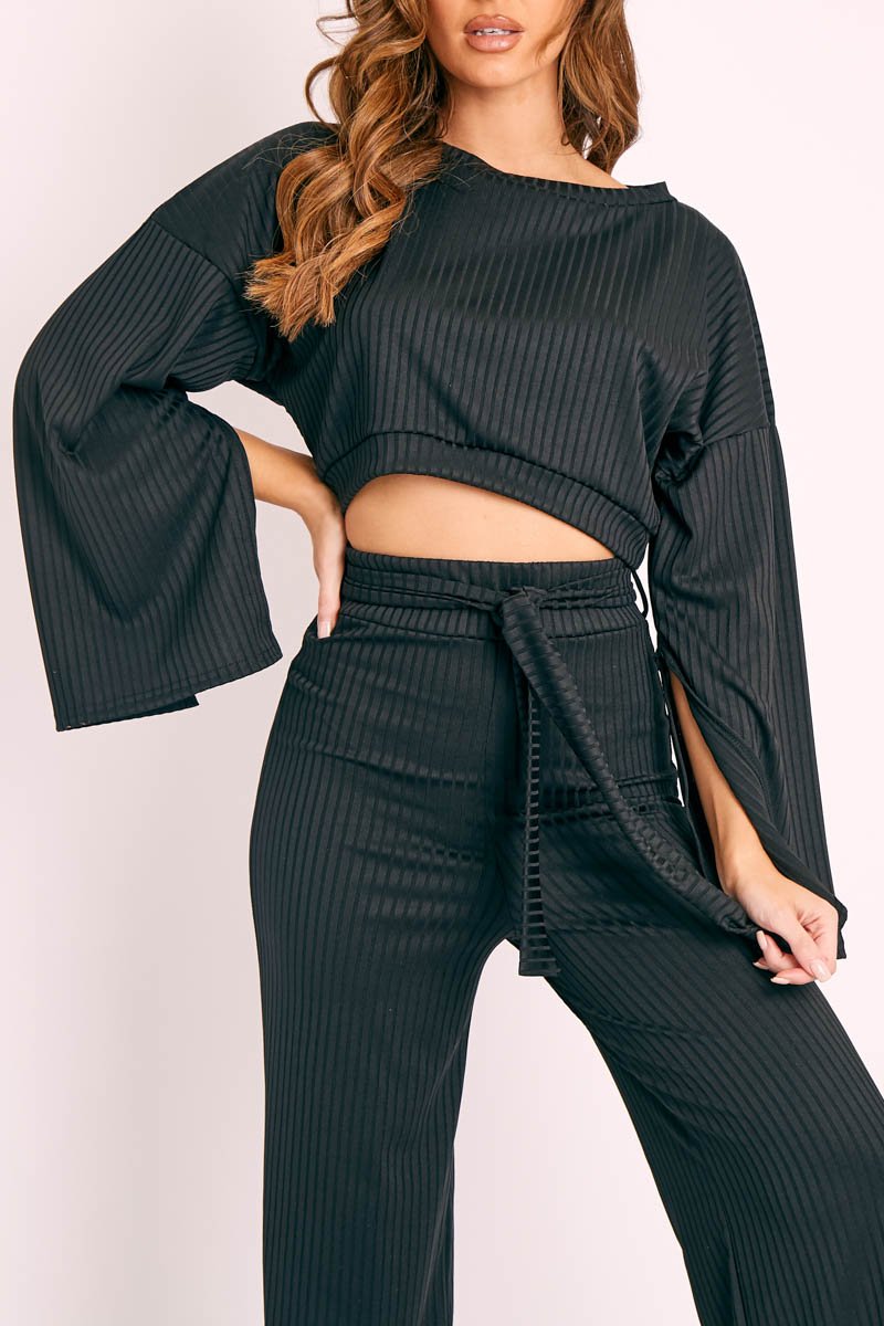 Black Rib Crop Jumper Tie Wide Leg Trousers Loungewear Co-Ord - Mirabel-Loungewear