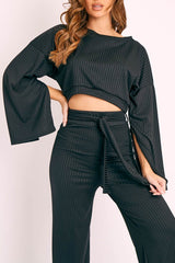 Black Rib Crop Jumper Tie Wide Leg Trousers Loungewear Co-Ord - Mirabel-Loungewear