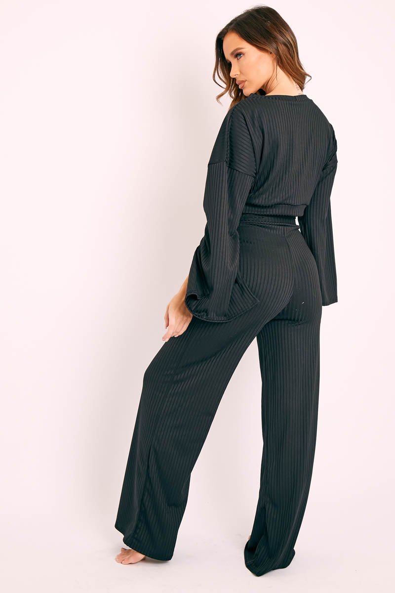 Black Rib Crop Jumper Tie Wide Leg Trousers Loungewear Co-Ord - Mirabel-Loungewear