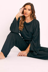 Black Rib Crop Jumper Tie Wide Leg Trousers Loungewear Co-Ord - Mirabel-Loungewear
