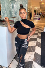 Black Rib High Neck Crop Top - Talina-Crop Tops