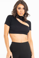 Black Rib High Neck Crop Top - Talina-Crop Tops