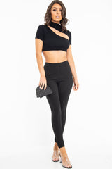 Black Rib High Neck Crop Top - Talina-Crop Tops