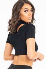 Black Rib High Neck Crop Top - Talina-Crop Tops