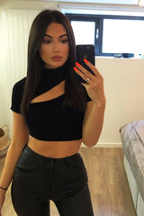 Black Rib High Neck Crop Top - Talina-Crop Tops