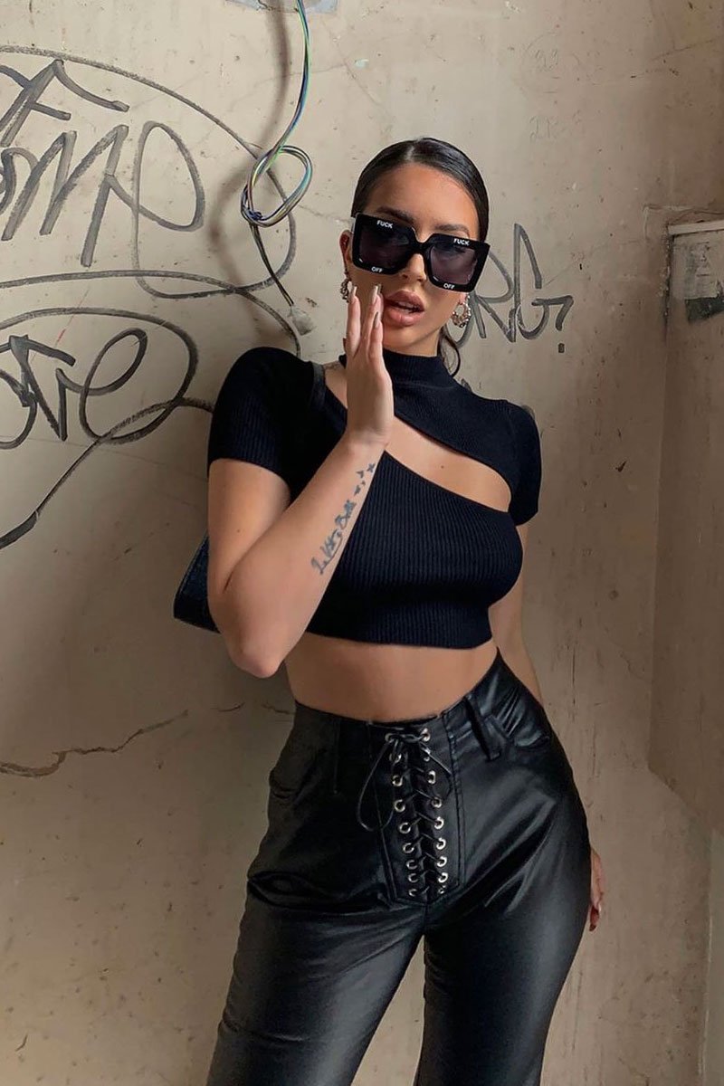 Black Rib High Neck Crop Top - Talina-Crop Tops