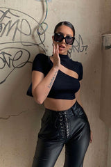 Black Rib High Neck Crop Top - Talina-Crop Tops