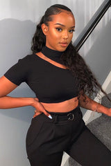 Black Rib High Neck Crop Top - Talina-Crop Tops