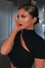 Black Rib High Neck Crop Top - Talina-Crop Tops