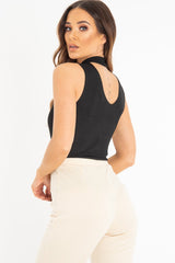 Black Rib High Neck Cut Out Back Bodysuit - Leara-Bodysuits