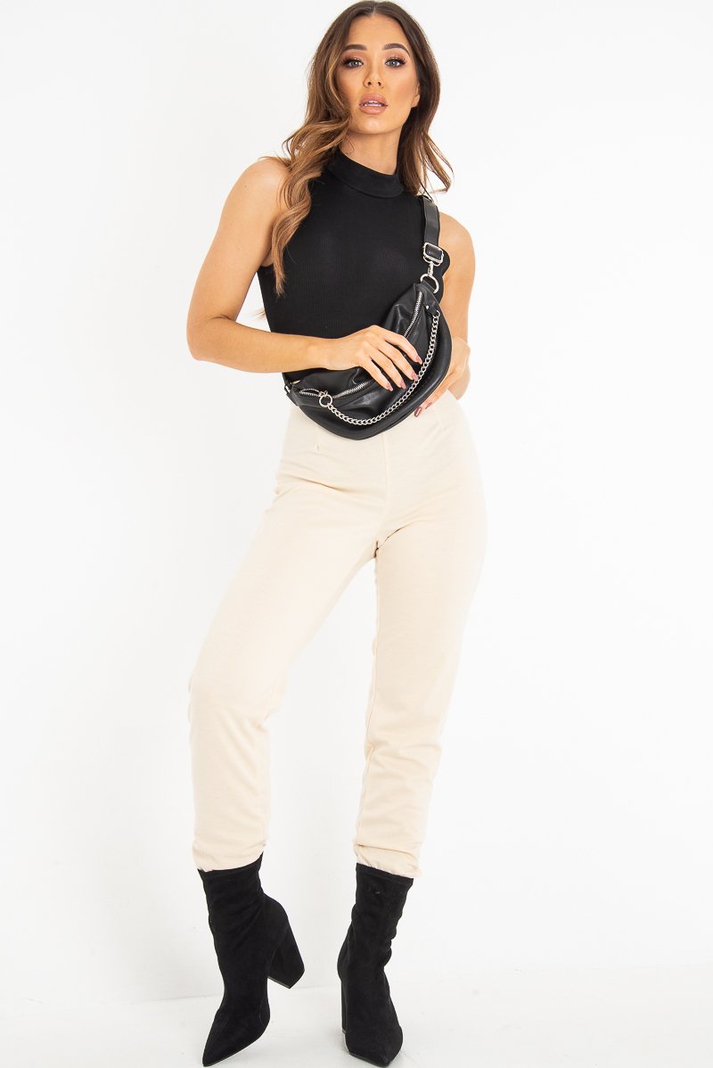 Black Rib High Neck Cut Out Back Bodysuit - Leara-Bodysuits