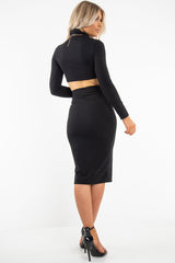 Black Rib High Neck Midi Length Skirt Set - Zooey-Co-ords