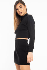 Black Rib Knit Crop Jumper Mini Skirt Co-Ord - Katie-Co-ords