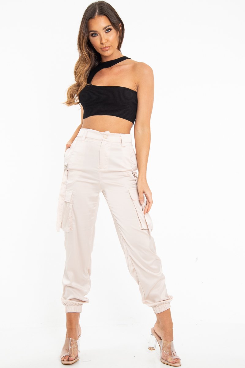 Black Rib Knit High Neck Cut Out Crop Top - Lucey-Crop Tops