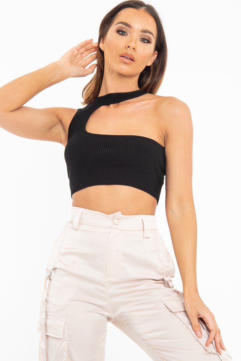 Black Rib Knit High Neck Cut Out Crop Top - Lucey-Crop Tops