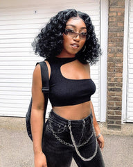 Black Rib Knit High Neck Cut Out Crop Top - Lucey-Crop Tops