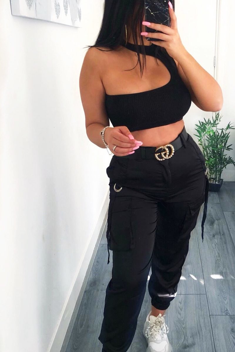 Black Rib Knit High Neck Cut Out Crop Top - Lucey-Crop Tops