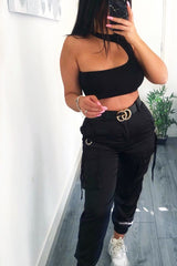 Black Rib Knit High Neck Cut Out Crop Top - Lucey-Crop Tops