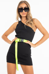 Black Rib Knit One Shoulder Mini Dress - Elisabeth-Dresses