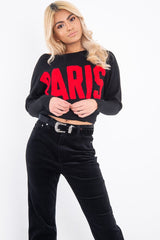 Black Rib Knit Paris Slogan Jumper - Khylah-Jumper