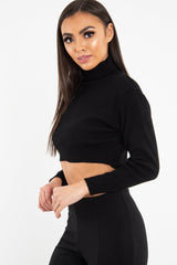 Black Rib Roll Neck Crop Jumper - Hayvin-Crop Jumper