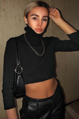 Black Rib Roll Neck Crop Jumper - Hayvin-Crop Jumper