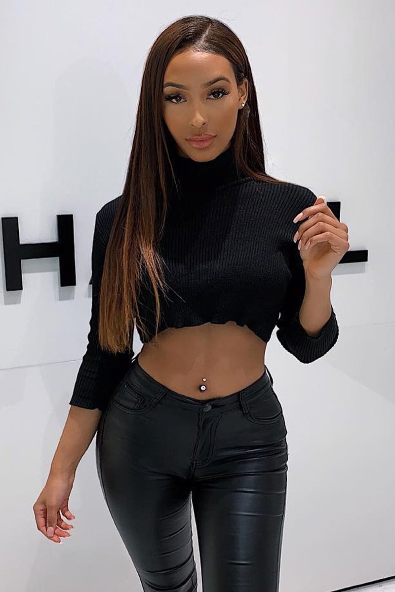Black Rib Roll Neck Crop Jumper - Hayvin-Crop Jumper