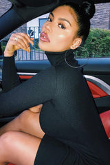 Black Rib Roll Neck Midi Dress - Ellerie-Dresses