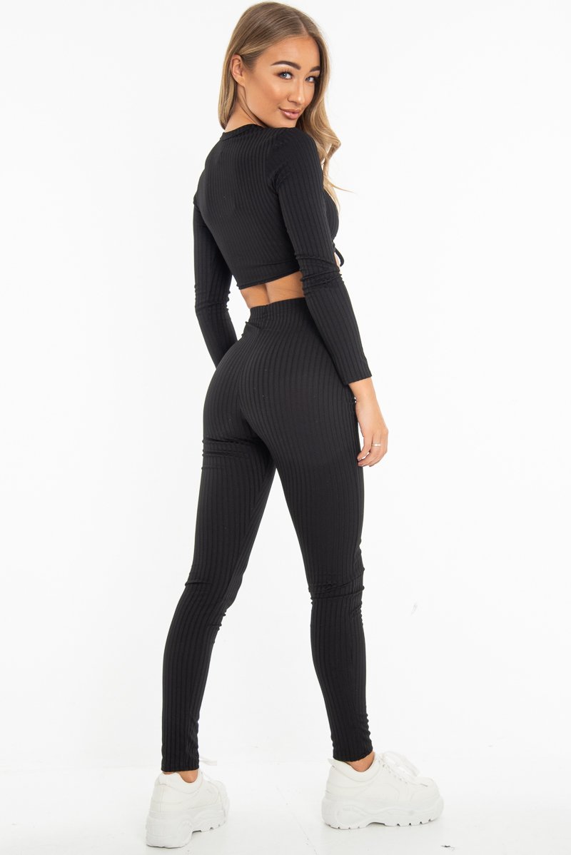 Black Rib Ruched Front Crop Top Legging Loungewear Co-Ord - Victoria-Loungewear