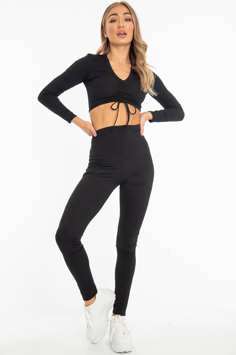 Black Rib Ruched Front Crop Top Legging Loungewear Co-Ord - Victoria-Loungewear