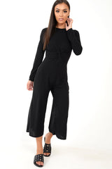 Black Rib Twist Front Culotte Jumpsuit - Elexis-Jumpsuits