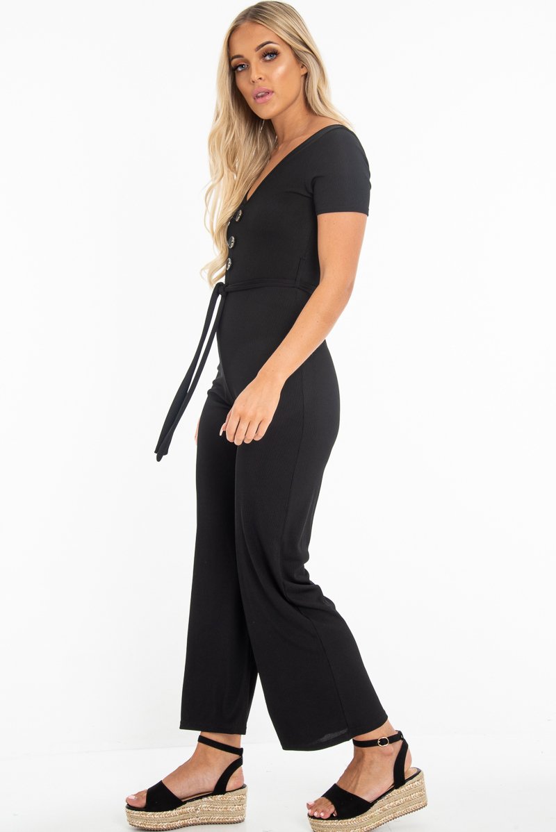 Black Rib V Neck Button Front Jumpsuit - Cassandra-Jumpsuits