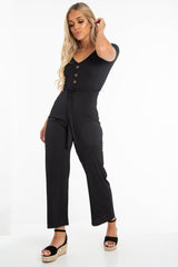 Black Rib V Neck Button Front Jumpsuit - Cassandra-Jumpsuits