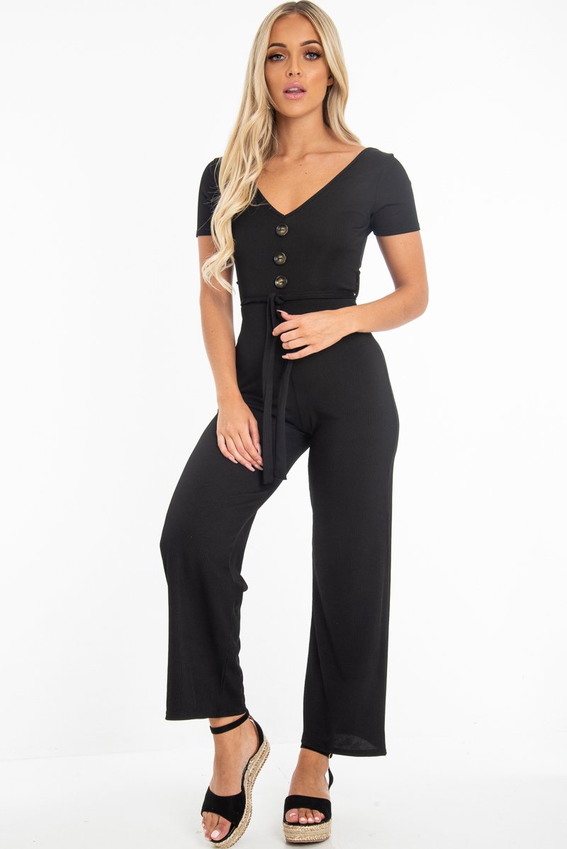 Black Rib V Neck Button Front Jumpsuit - Cassandra-Jumpsuits