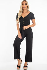 Black Rib V Neck Button Front Jumpsuit - Cassandra-Jumpsuits