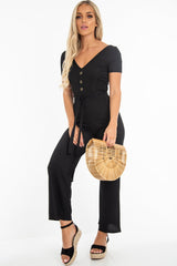 Black Rib V Neck Button Front Jumpsuit - Cassandra-Jumpsuits