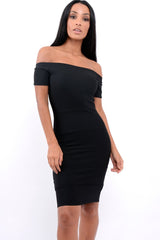 Black Ribbed Bardot Bodycon Dress - Phoebe-Dresses