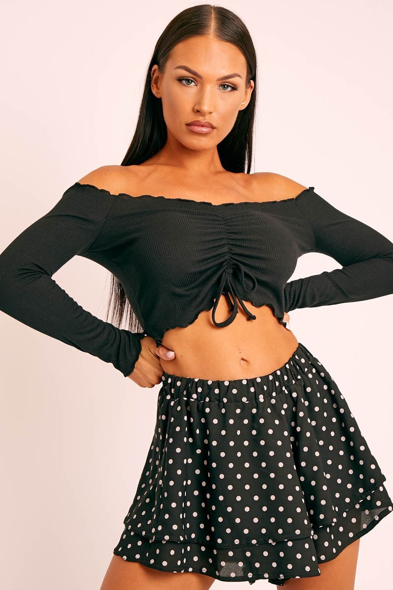 Black Ribbed Bardot Crop Top - Daniah-Crop Tops
