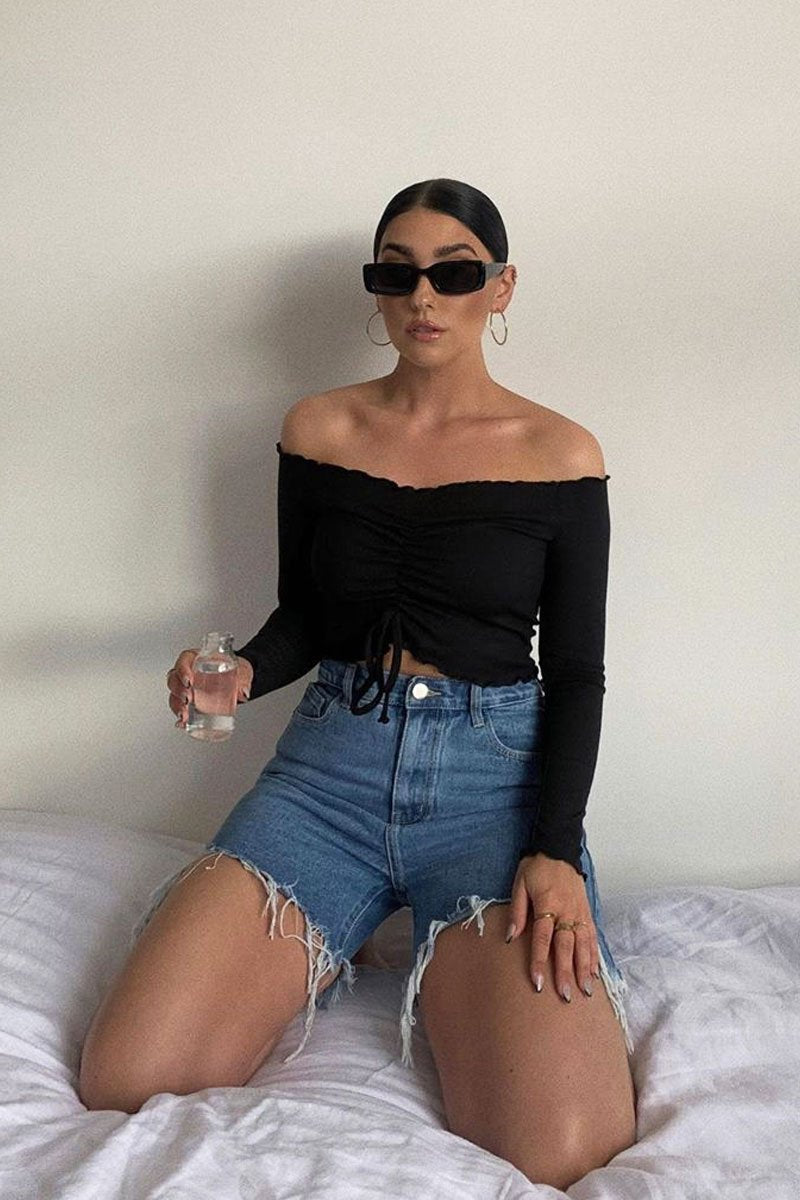 Black Ribbed Bardot Crop Top - Daniah-Crop Tops