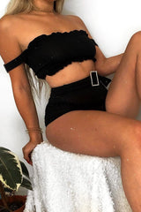Black Ribbed Bardot Crop Top and Shorts Co-ord - Elissa-Co-ords