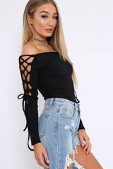 Black Ribbed Bardot Lace up Sleeve Top - Phoenix-Tops
