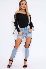 Black Ribbed Bardot Lace up Sleeve Top - Phoenix-Tops