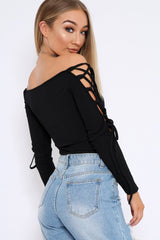 Black Ribbed Bardot Lace up Sleeve Top - Phoenix-Tops