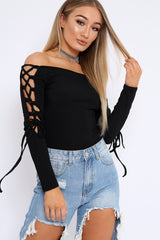 Black Ribbed Bardot Lace up Sleeve Top - Phoenix-Tops